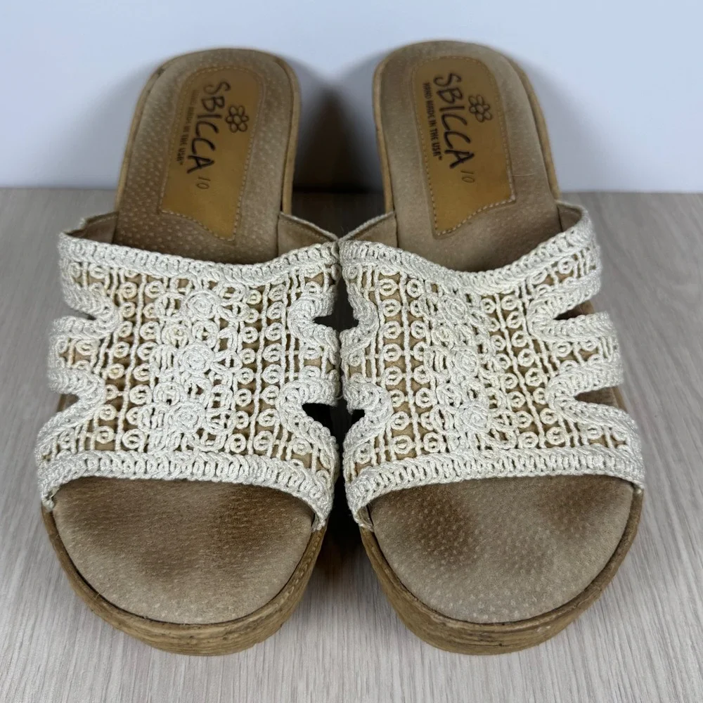 Wedge Sandals Sbicca Womens 10 Cream Crochet Knit Boho Platform Slides
